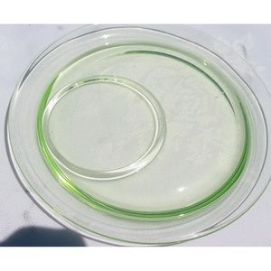 Vintage Green Vaseline Glass Uranium Glow Snack Plate W/ Cup Drink Rest